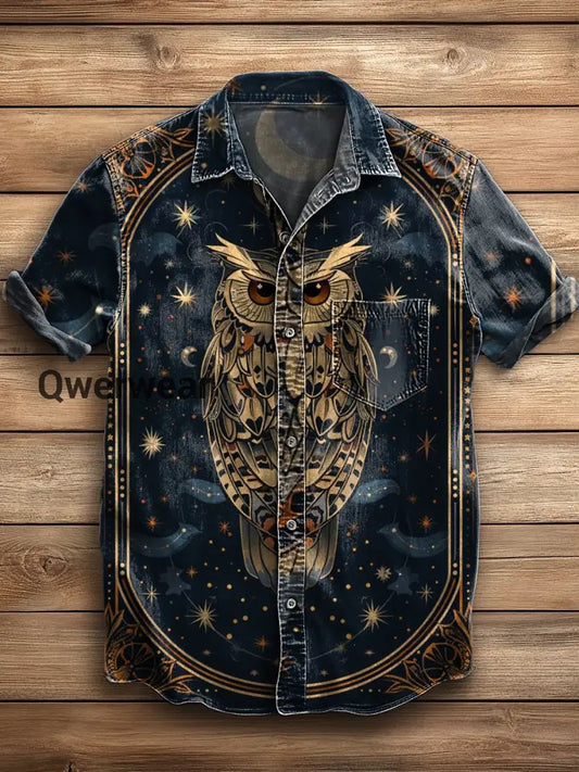 Men’s Retro Abstract Owl Art Print Short Sleeve Pocket Shirt A / S