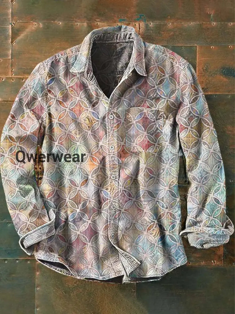 Men’s Retro Abstract Print Casual Lapel Long Sleeve Shirt As picture / S Mens shirts