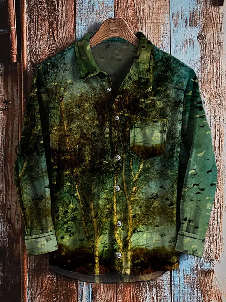 Men’s Retro Art Print Casual Long Sleeve Shirtrt A / S Mens shirts