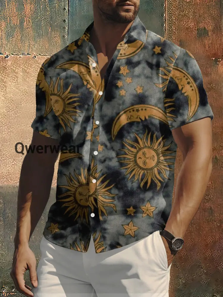 Men’s Retro Bohemia Style Sun Print Casual Shirt Colorful / S Mens shirts