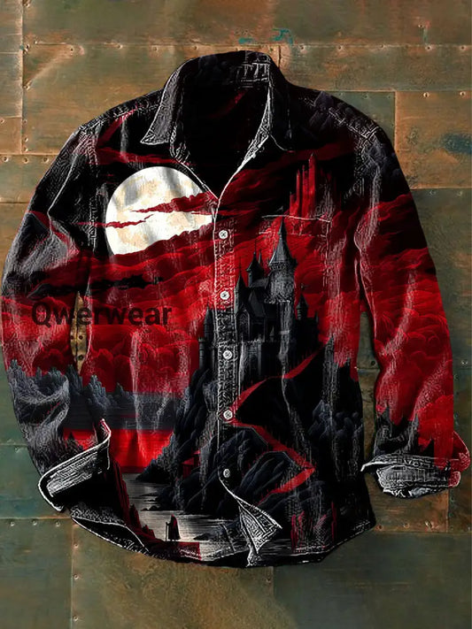 Unisex Men’s Retro Dark Punk Castle Moon Abstract Print Casual Long Sleeve Shirt Red / S Mens shirts