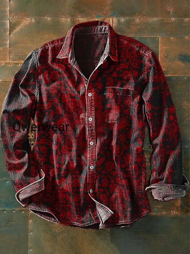 Men’s Retro Ethnic Floral Print Casual Lapel Long Sleeve Shirt As picture / S Mens shirts