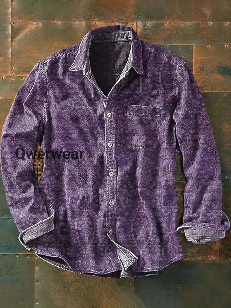 Men’s Retro Ethnic Print Casual Lapel Long Sleeve Shirt As picture / S Mens shirts