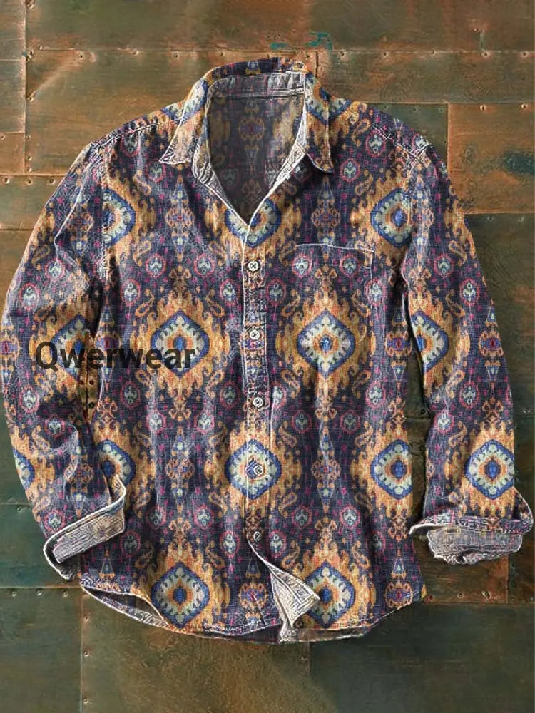 Men’s Retro Geometric Print Lapel Long Sleeve Shirt As picture / S