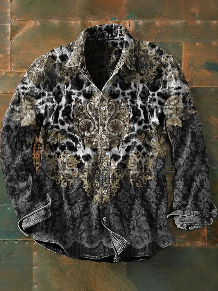 Unisex Men’s Retro Graphic Ethnic Floral Print Casual Long Sleeve Shirt Gray / S Mens shirts