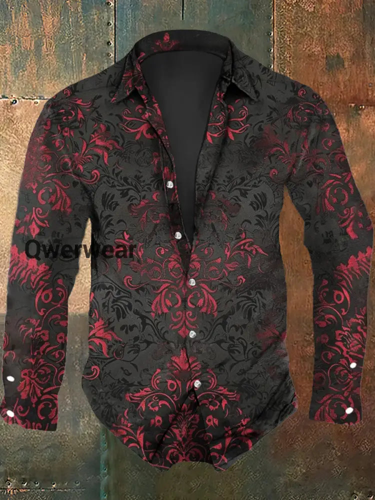 Men’s Retro Graphic Print Casual Shirt Long Sleeve Black / S Mens shirts