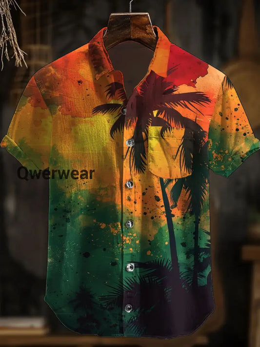Men’s Retro Hawaii Abstract Art Print Short Sleeve Pocket Shirt A / S