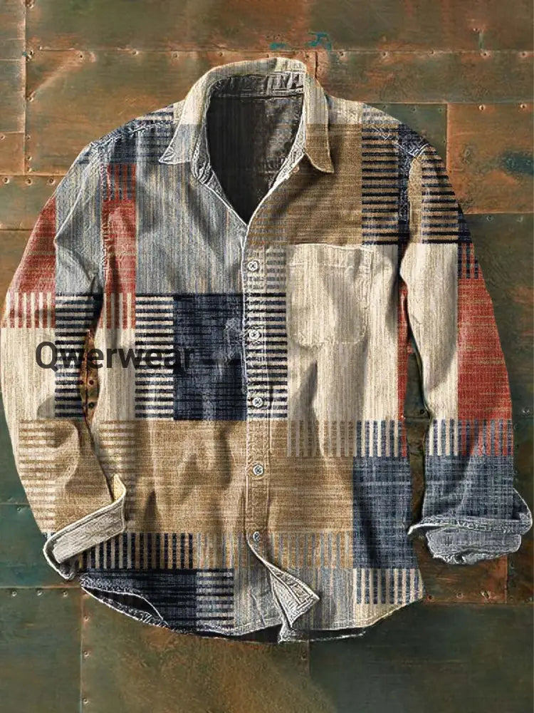 Men’s Retro Irregular Color Block Print Casual Lapel Long Sleeve Shirt As picture / S Mens shirts