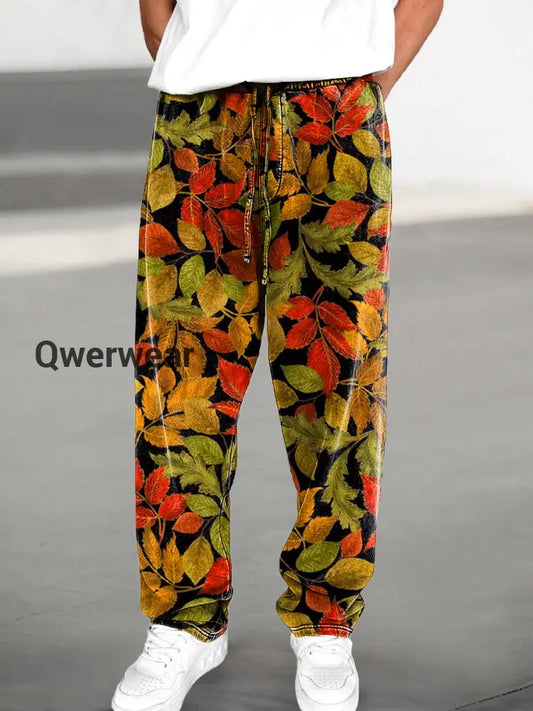 Men’s Retro Irregular Colorful Leaf Art Print Loose Tie Casual Trousers Colorful / S