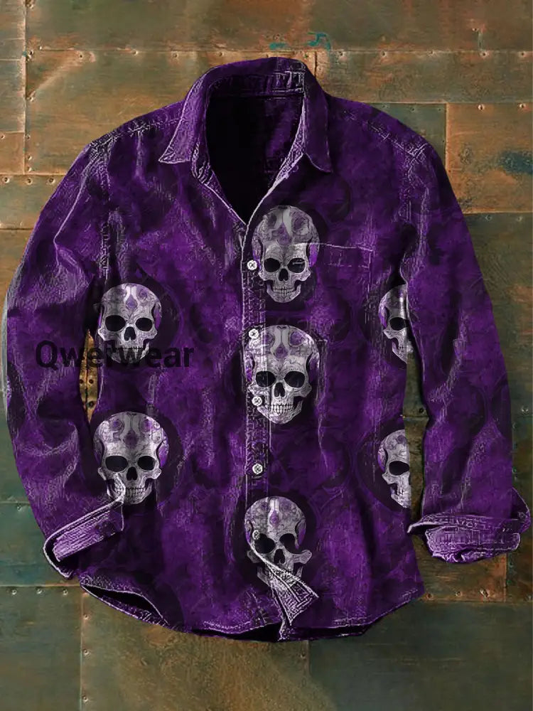 Unisex Men’s Retro Punk Day of the Dead Skulls Abstract Print Casual Long Sleeve Shirt Purple / S Mens shirts