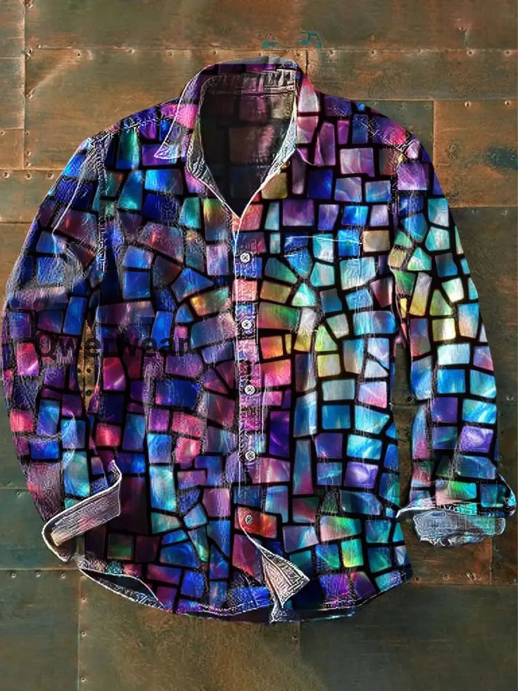 Men’s Stained Glass Print Abstract Casual Long Sleeve Shirt As picture / S Mens shirts