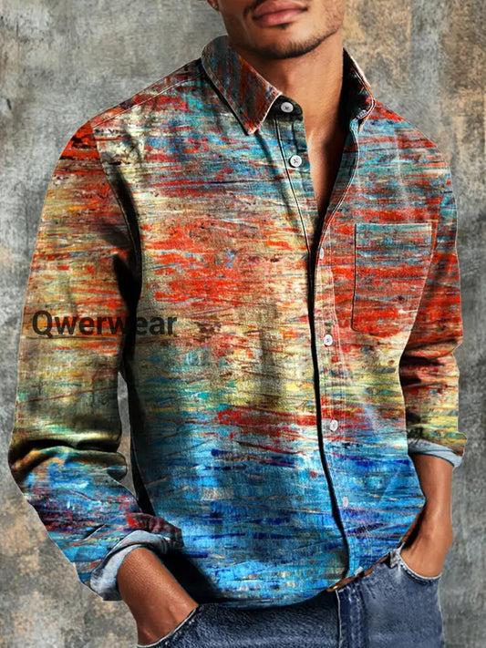 Men’s Vintage Abstract Aged Color Art Print Long Sleeve Pocket Shirt Colorful / S