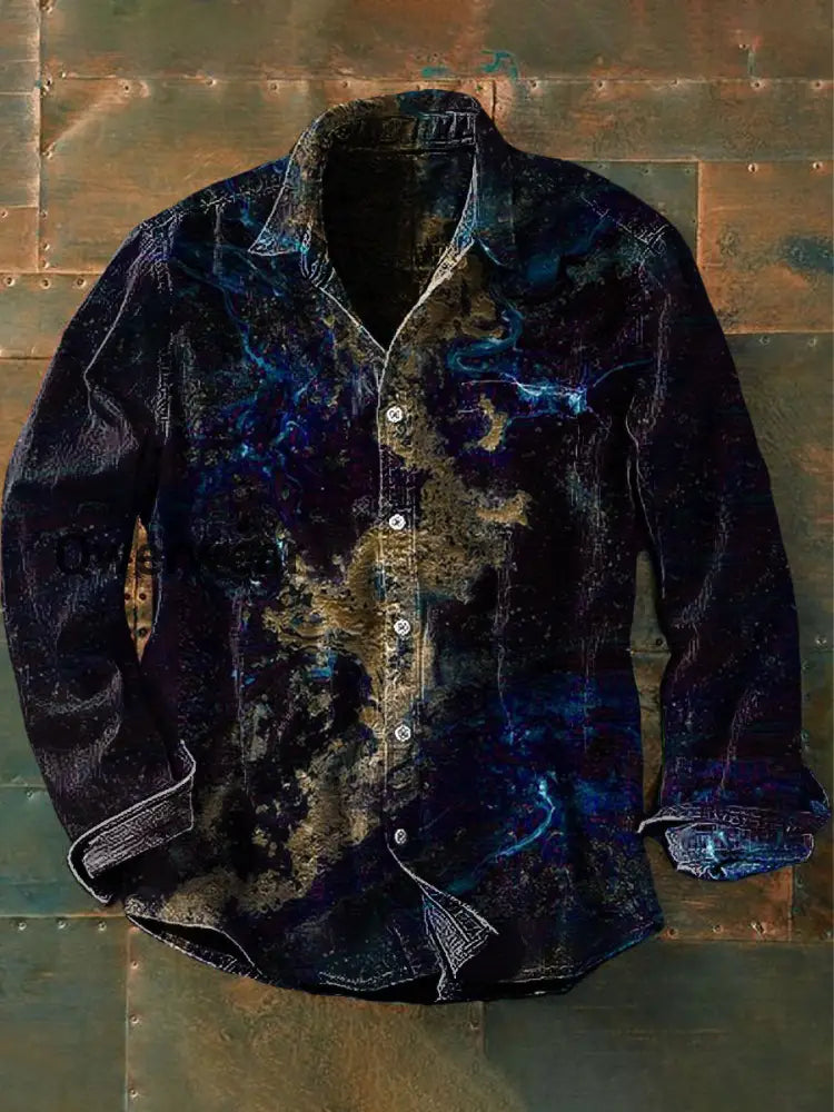 Men’s Vintage Abstract Art Ripple Print Casual Long Sleeve Shirt Purple / S Mens shirts