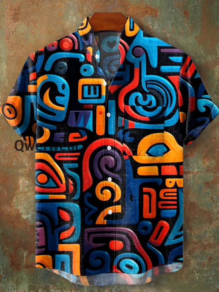 Men’s Vintage Abstract Line Pattern Stand Collar Short Sleeve Pocket Shirt Colorful / S