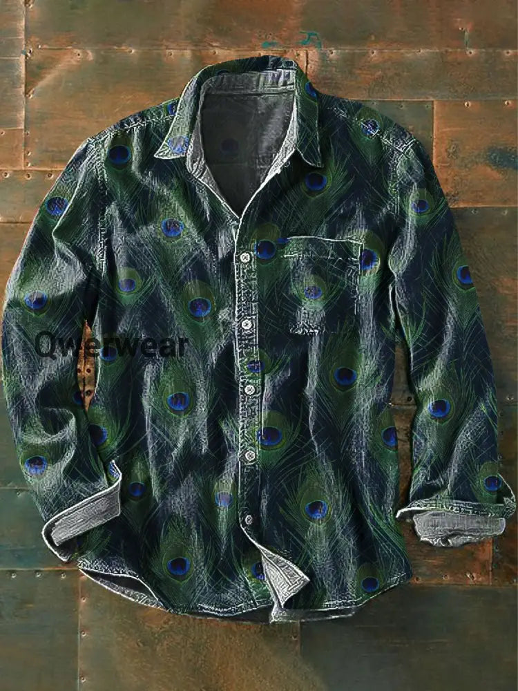 Men’s Vintage Abstract Peacock Feather Art Print Long Sleeve Pocket Shirt Colorful / S