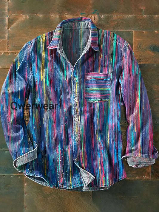 Men’s Vintage Abstract Stripe Color Art Print Long Sleeve Pocket Shirt Colorful / S