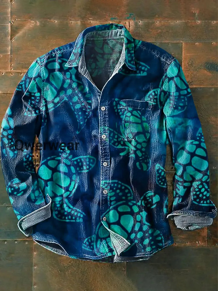 Men’s Vintage Abstract Turtle Art Print Long Sleeve Pocket Shirt Colorful / S Mens shirts