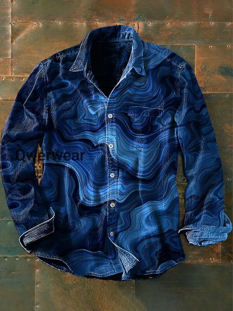 Men’s Vintage Blue Gradient Waves Print Casual Long Sleeve Shirt Blue / S Mens shirts