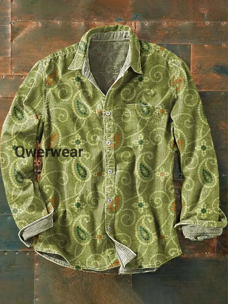 Men’s Vintage Cashew Flower Print Lapel Long Sleeve Shirt As picture / S