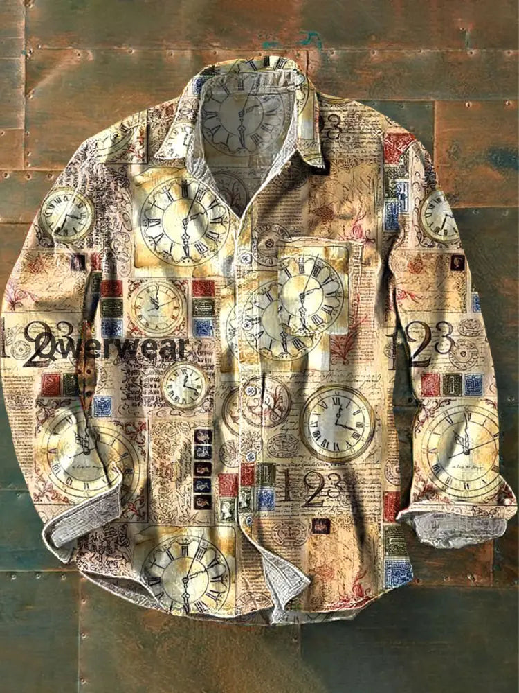 Men’s Vintage Clock Newspaper Art Print Long Sleeve Pocket Shirt Colorful / S Mens shirts