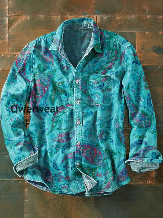 Men’s Vintage Colorful Paisley Pattern Long Sleeve Pocket Shirt Colorful / S Mens shirts