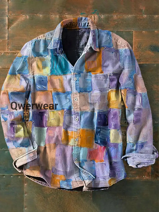 Unisex Men’s Vintage colorful plaid Abstract Print Casual Long Sleeve Shirt Purple / S Mens shirts