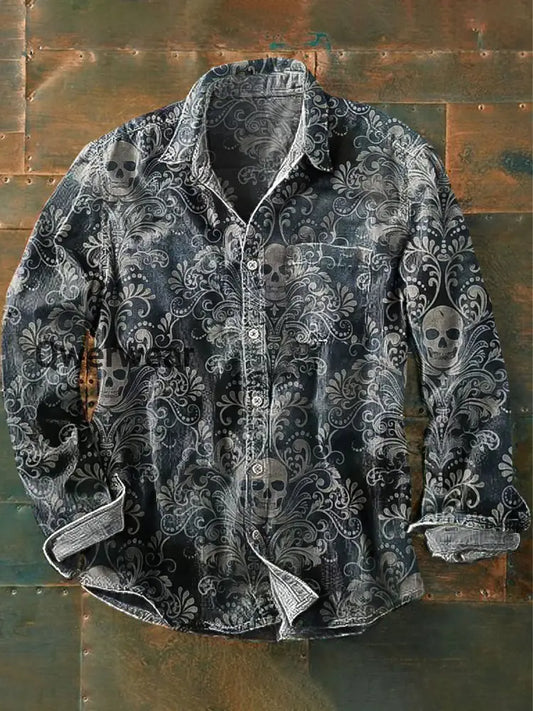 Men’s Vintage Dark Skull Floral Art Print Lapel Long Sleeve Pocket Shirt Colorful / S