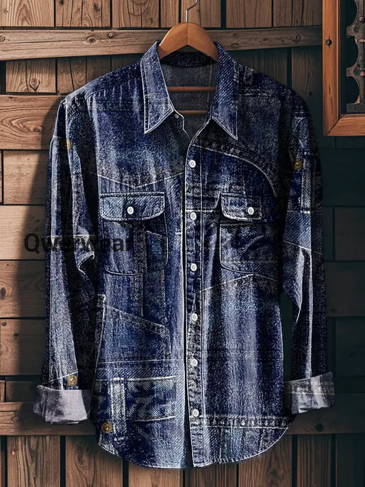 Men’s Vintage Denim Patchwork Pattern Long Sleeve Workwear Pocket Shirt Colorful / S Mens shirts