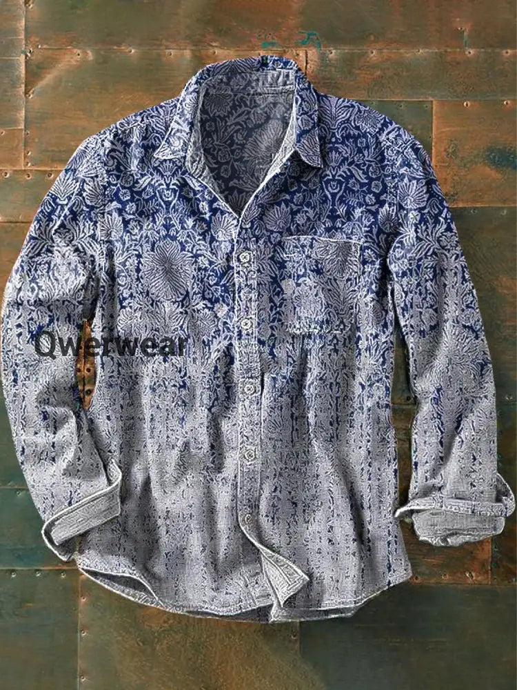 Men’s Vintage Ethnic Gradient Floral Art Print Long Sleeve Pocket Shirt Colorful / S Mens shirts
