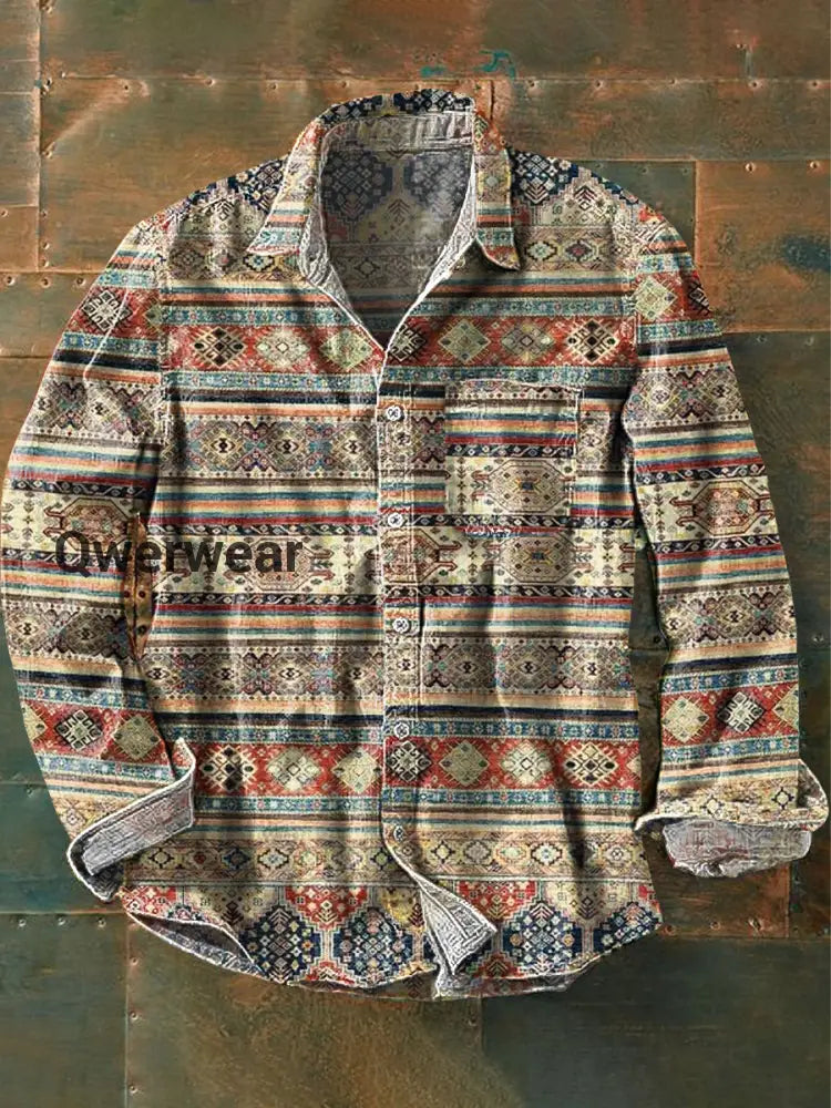 Men’s Vintage Ethnic Striped Art Print Long Sleeve Pocket Shirt Colorful / S Mens shirts