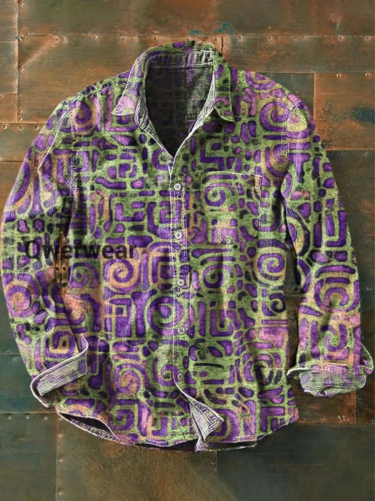 Men’s Vintage Ethnic Swirl Circle Print Casual Lapel Long Sleeve Shirt As picture / S Mens shirts