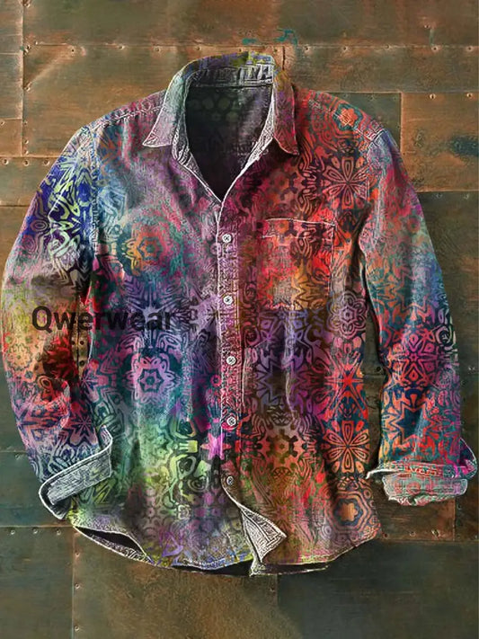 Men’s Vintage Ethnic Swirl Circle Print Casual Lapel Long Sleeve Shirt As picture / S Mens shirts