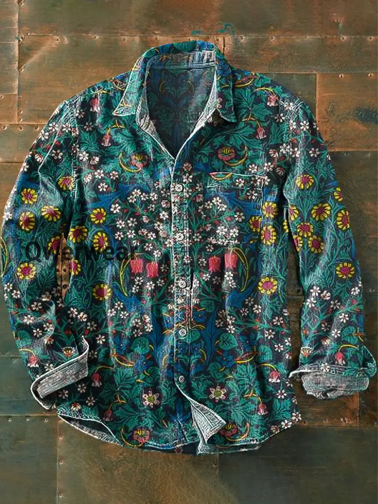 Men’s Vintage Floral Art Print Long Sleeve Pocket Shirt Colorful / S Mens shirts