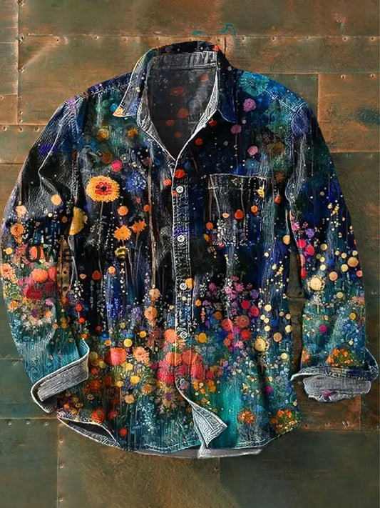 Men’s Vintage Floral Color Abstract Art Print Long Sleeve Pocket Shirt Colorful / S Mens shirts