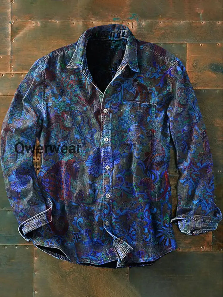 Unisex Men’s Vintage Floral Pink Flower Abstract Print Casual Long Sleeve Shirt Blue / S Mens shirts