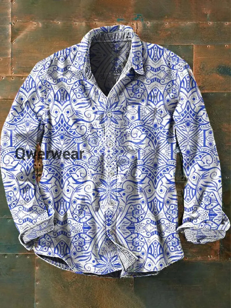 Men’s Vintage Floral Print Casual Lapel Long Sleeve Shirt As picture / S