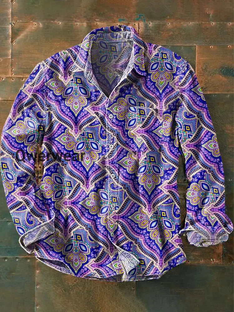 Men’s Vintage Floral Print Lapel Long Sleeve Shirt As picture / S