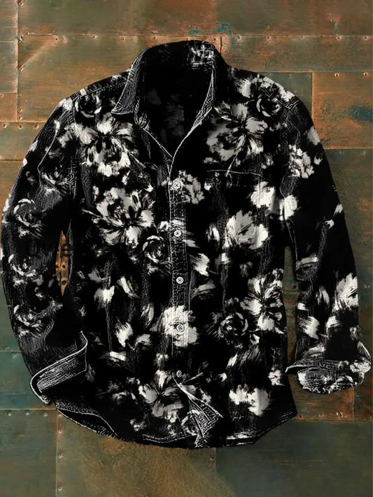 Unisex Men’s Vintage Gothic Abstract Floral Print Casual Long Sleeve Shirt Black / S Mens shirts