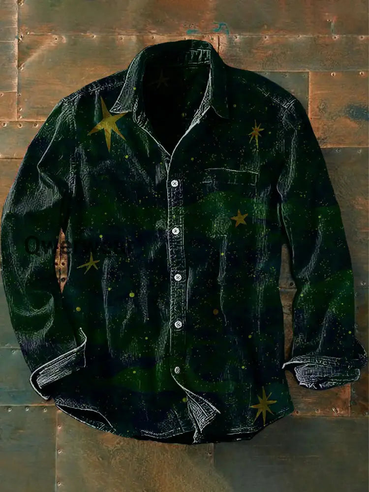 Unisex Men’s Vintage Gothic Colourful Green Sky Stars Abstract Print Casual Long Sleeve Shirt Dark Green / S Mens shirts