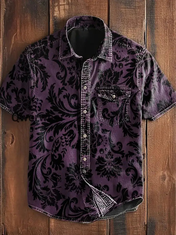 Unisex Men’s Vintage Gothic Floral Patterns Abstract Print Casual Short Sleeve Pocket Shirt Purple / S
