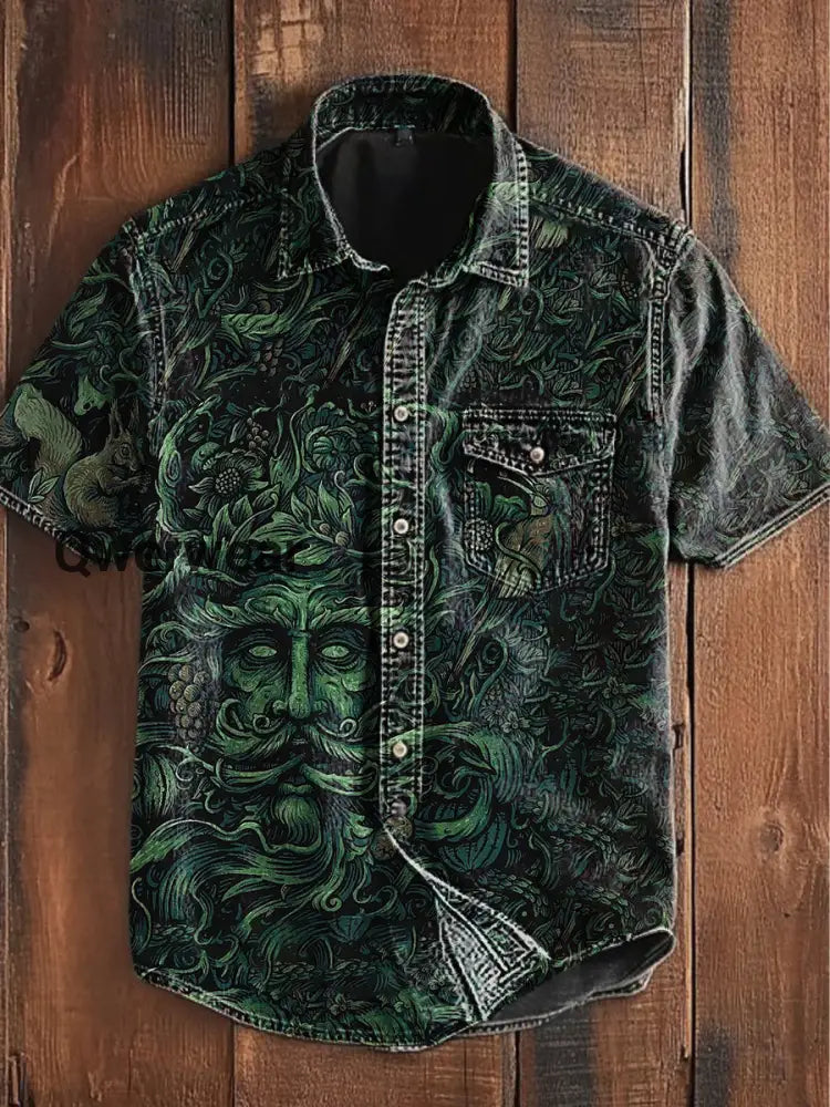 Unisex Men’s Vintage Gothic Holly King Forest Abstract Print Casual Short Sleeve Pocket Shirt Green / S