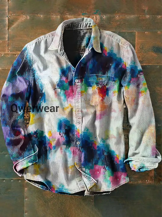 Unisex Men’s Vintage Hippie Colorful Tie Dye Heart Designs Abstract Print Casual Long Sleeve Shirt As picture / S Mens