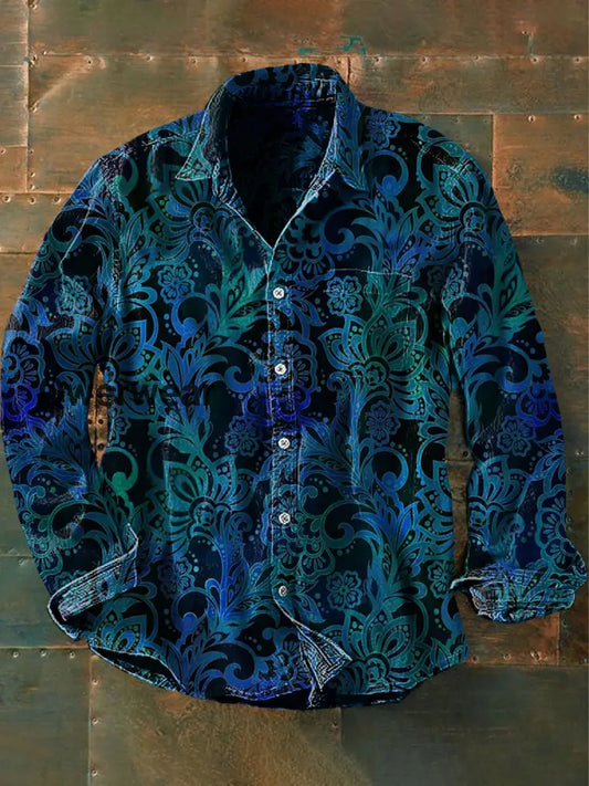 Men’s Vintage Hippie Perris Flower Abstract Print Casual Long Sleeve Shirt Blue / S Mens shirts