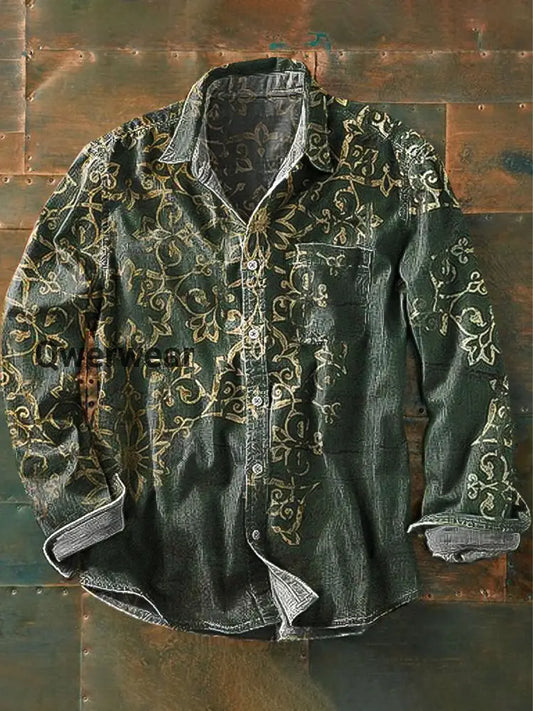 Men’s Vintage Irregular Floral Art Print Long Sleeve Pocket Shirt Colorful / S Mens shirts