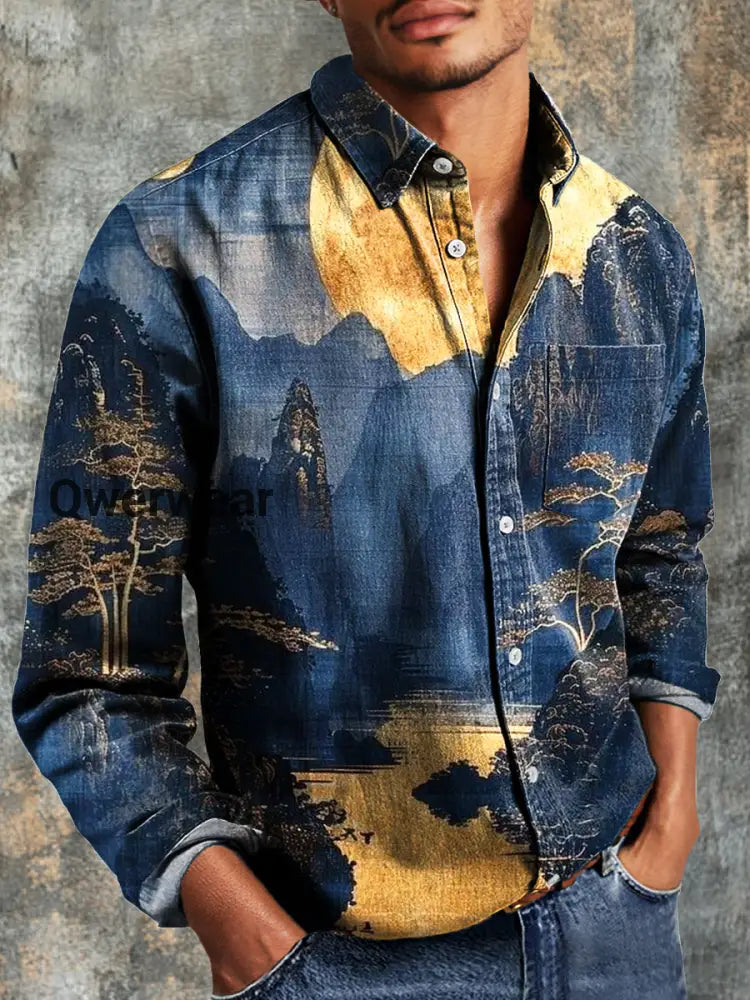 Men’s Vintage Landscape Moon Art Print Casual Long Sleeve Shirt Colorful / S