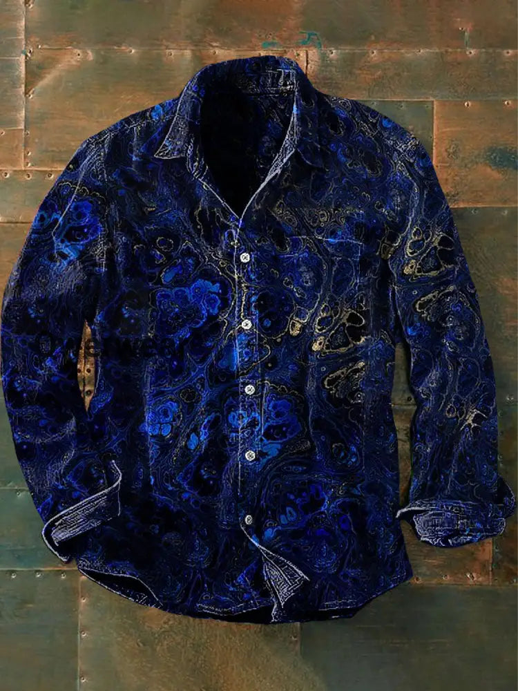 Unisex Men’s Vintage Lapis Lazuli Gold Textured Abstraction Print Casual Long Sleeve Shirt Navy Blue / S Mens shirts