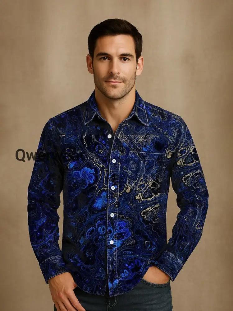 Men’s Vintage Lapis Lazuli Gold Textured Abstraction Print Casual Long Sleeve Shirt Mens shirts