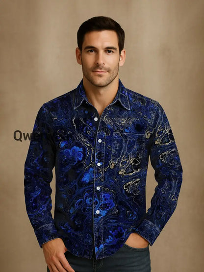 Men’s Vintage Lapis Lazuli Gold Textured Abstraction Print Casual Long Sleeve Shirt Mens shirts