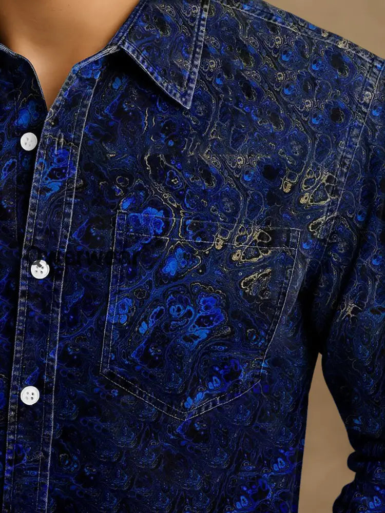Men’s Vintage Lapis Lazuli Gold Textured Abstraction Print Casual Long Sleeve Shirt Mens shirts