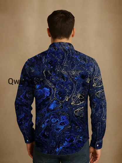 Men’s Vintage Lapis Lazuli Gold Textured Abstraction Print Casual Long Sleeve Shirt Mens shirts